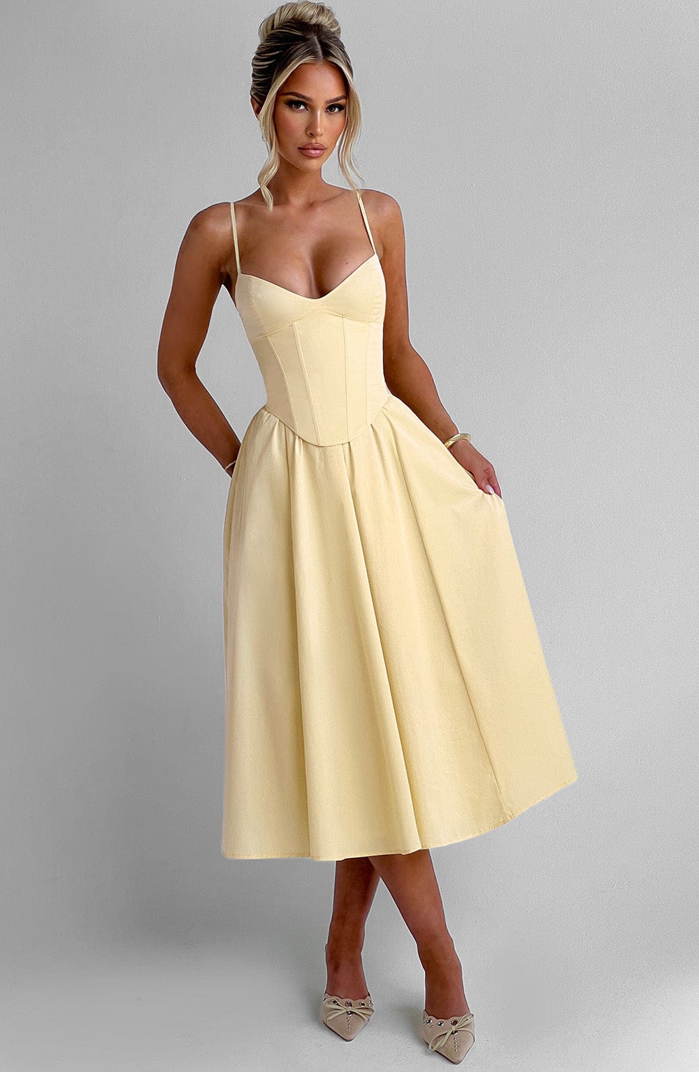 M.T Women's Dress Mariella Corset Midi Lemon Cotton Voile Party BBF3431-D