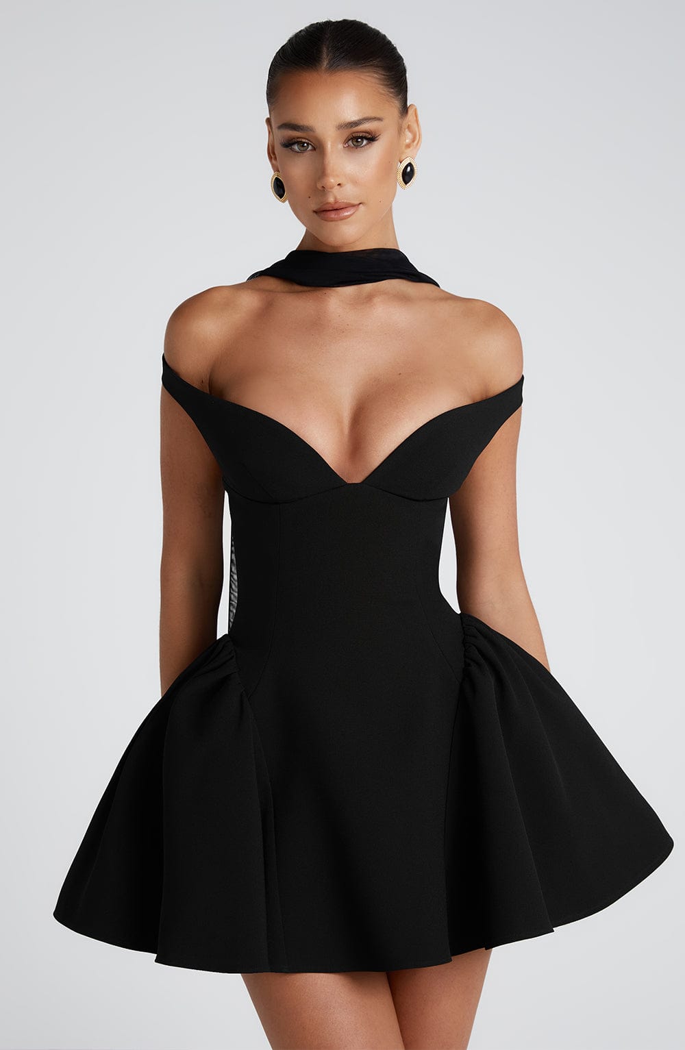 R.F Women's Dress Bardot Black Crepe Cocktail