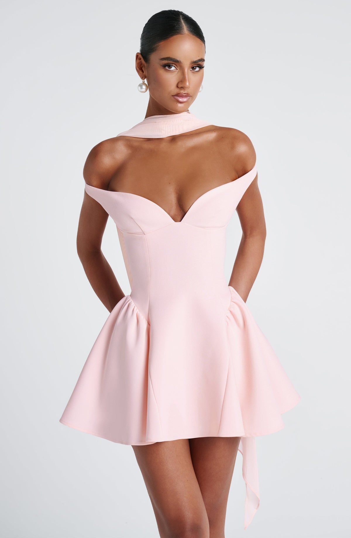 R.F Women's Dress Marla Mini Bardot Blush Crepe Cocktail
