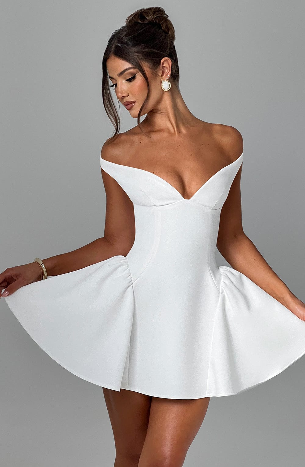 R.F Women's Dress Bardot Mini Ivory Crepe Party