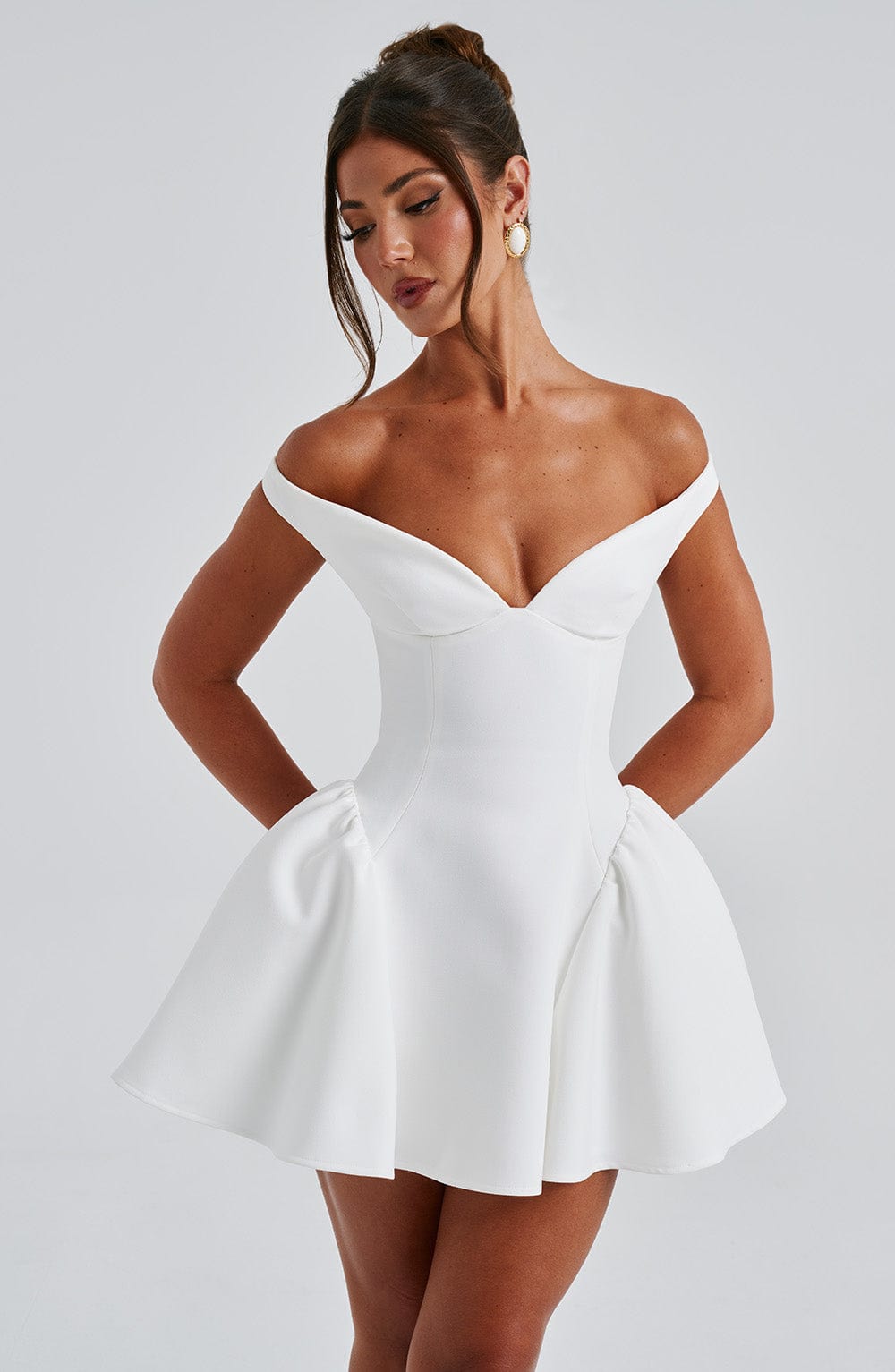 R.F Women's Dress Bardot Mini Ivory Crepe Party