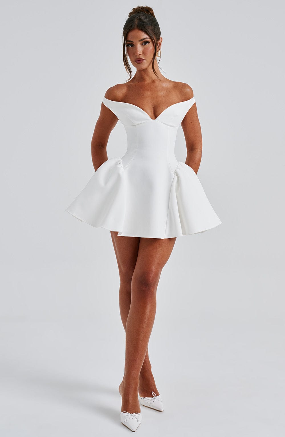 R.F Women's Dress Bardot Mini Ivory Crepe Party