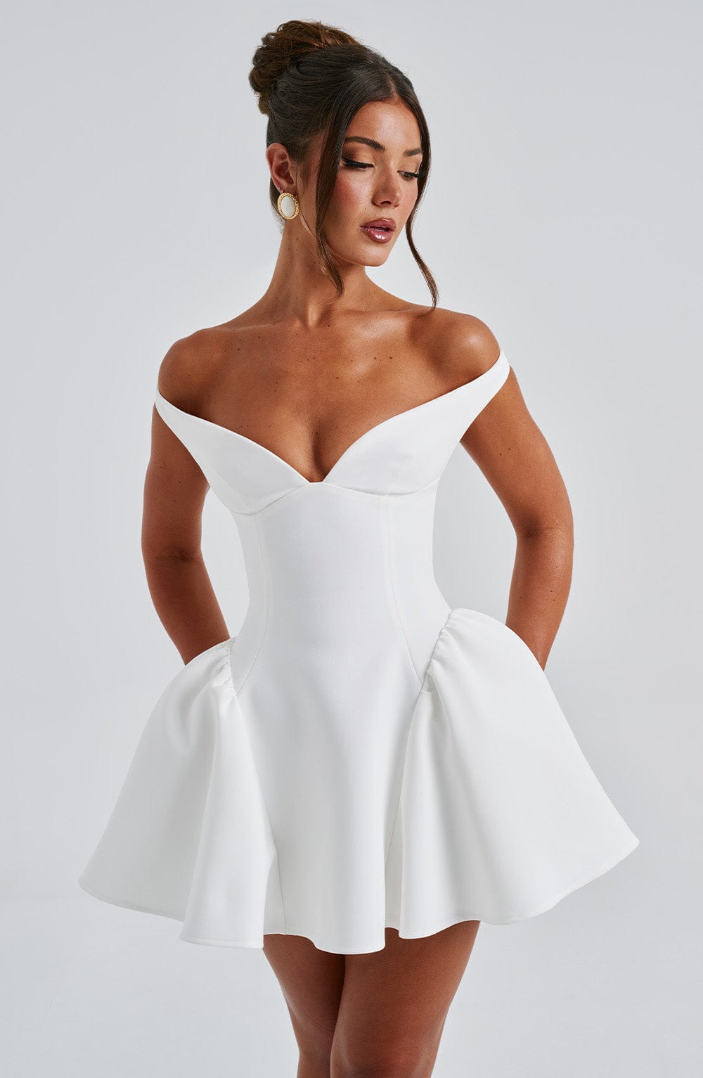R.F Women's Dress Bardot Mini Ivory Crepe Party
