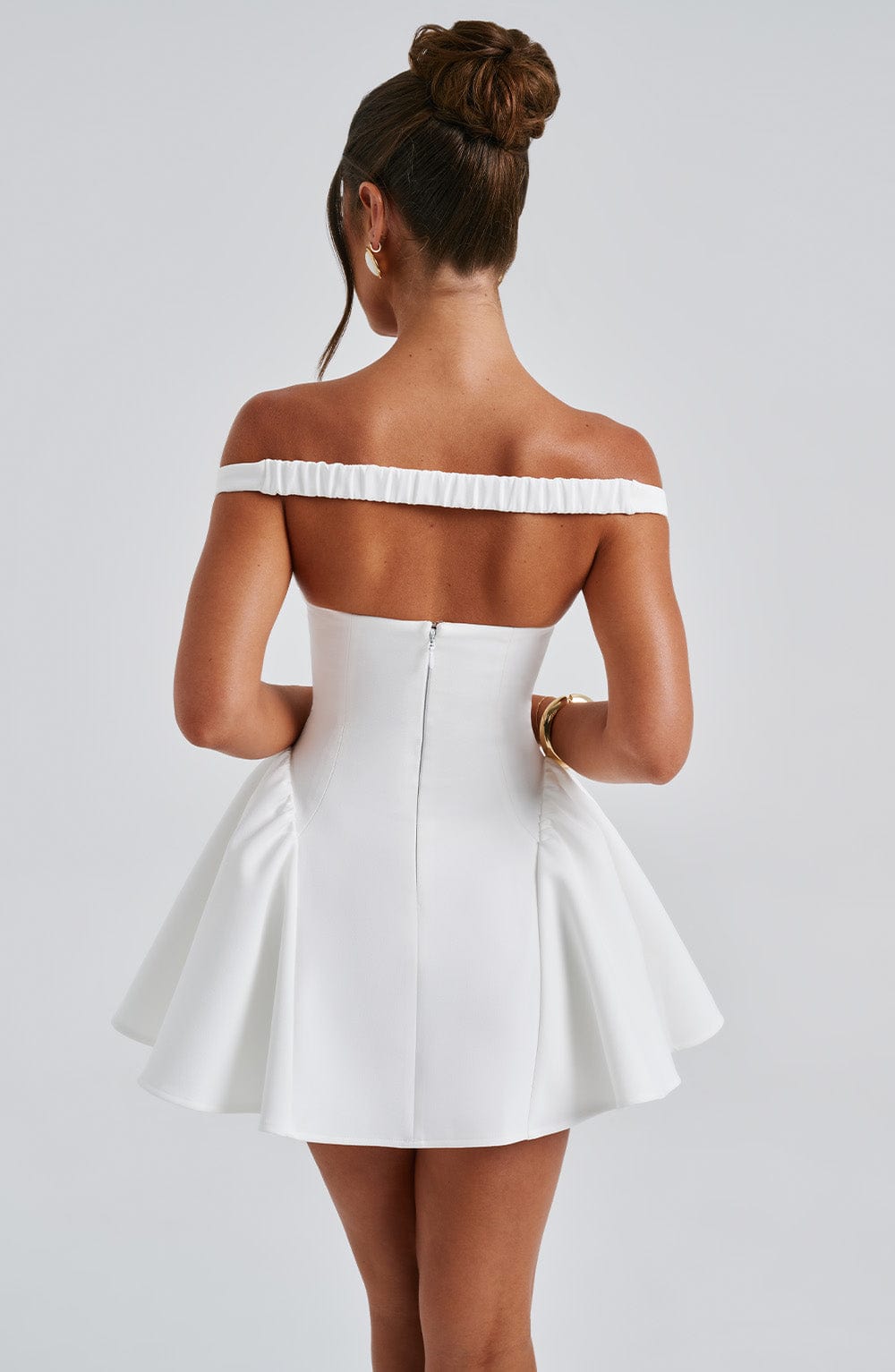R.F Women's Dress Bardot Mini Ivory Crepe Party