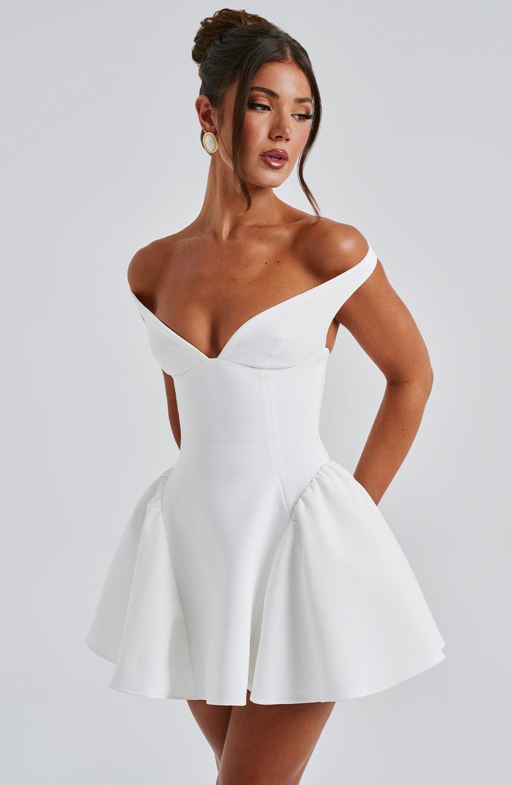 R.F Women's Dress Bardot Mini Ivory Crepe Party
