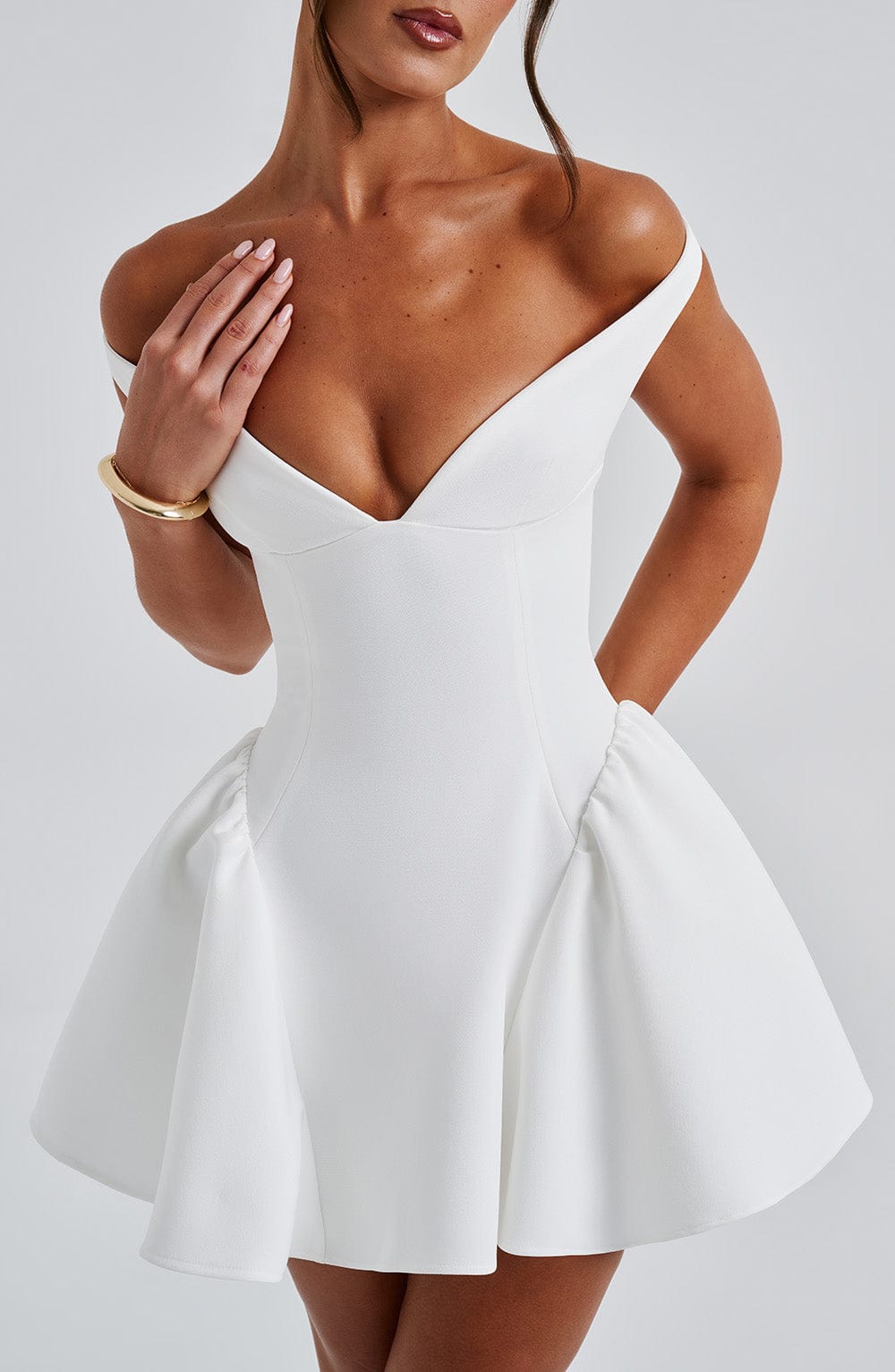 R.F Women's Dress Bardot Mini Ivory Crepe Party