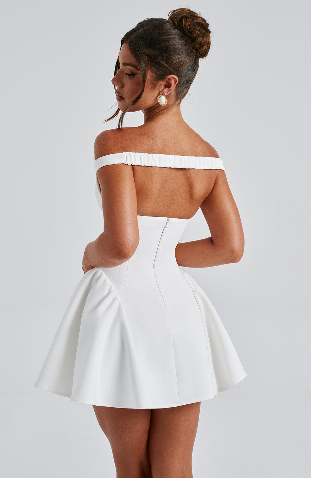 R.F Women's Dress Bardot Mini Ivory Crepe Party