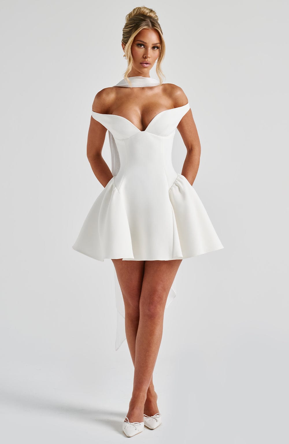 R.F Women's Dress Bardot Mini Ivory Crepe Party