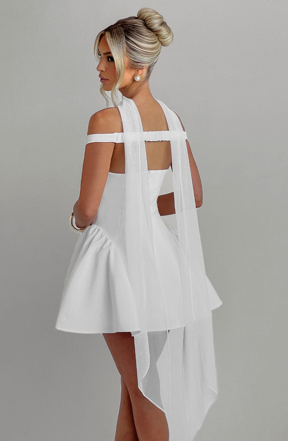 R.F Women's Dress Bardot Mini Ivory Crepe Party