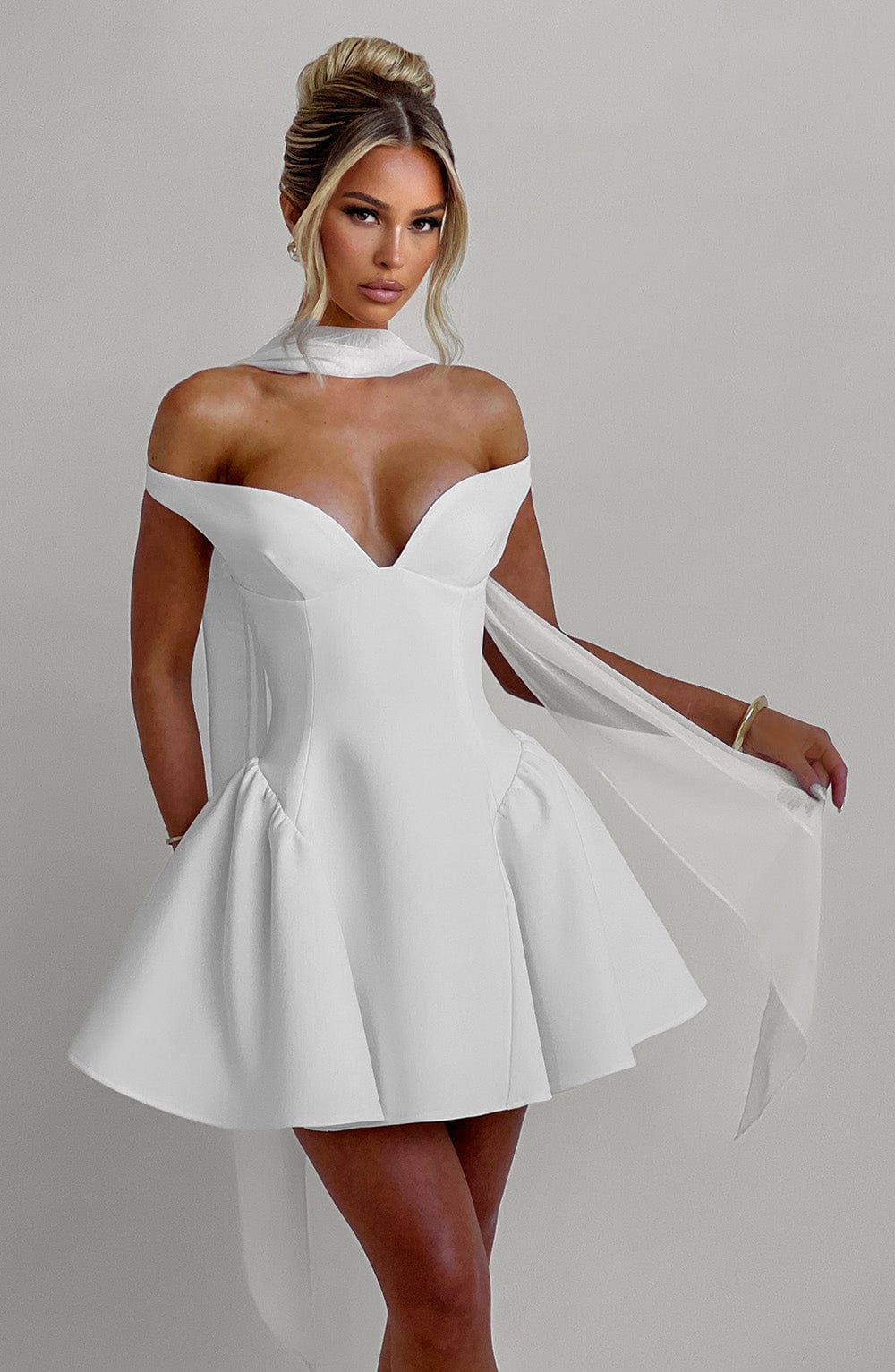 R.F Women's Dress Bardot Mini Ivory Crepe Party