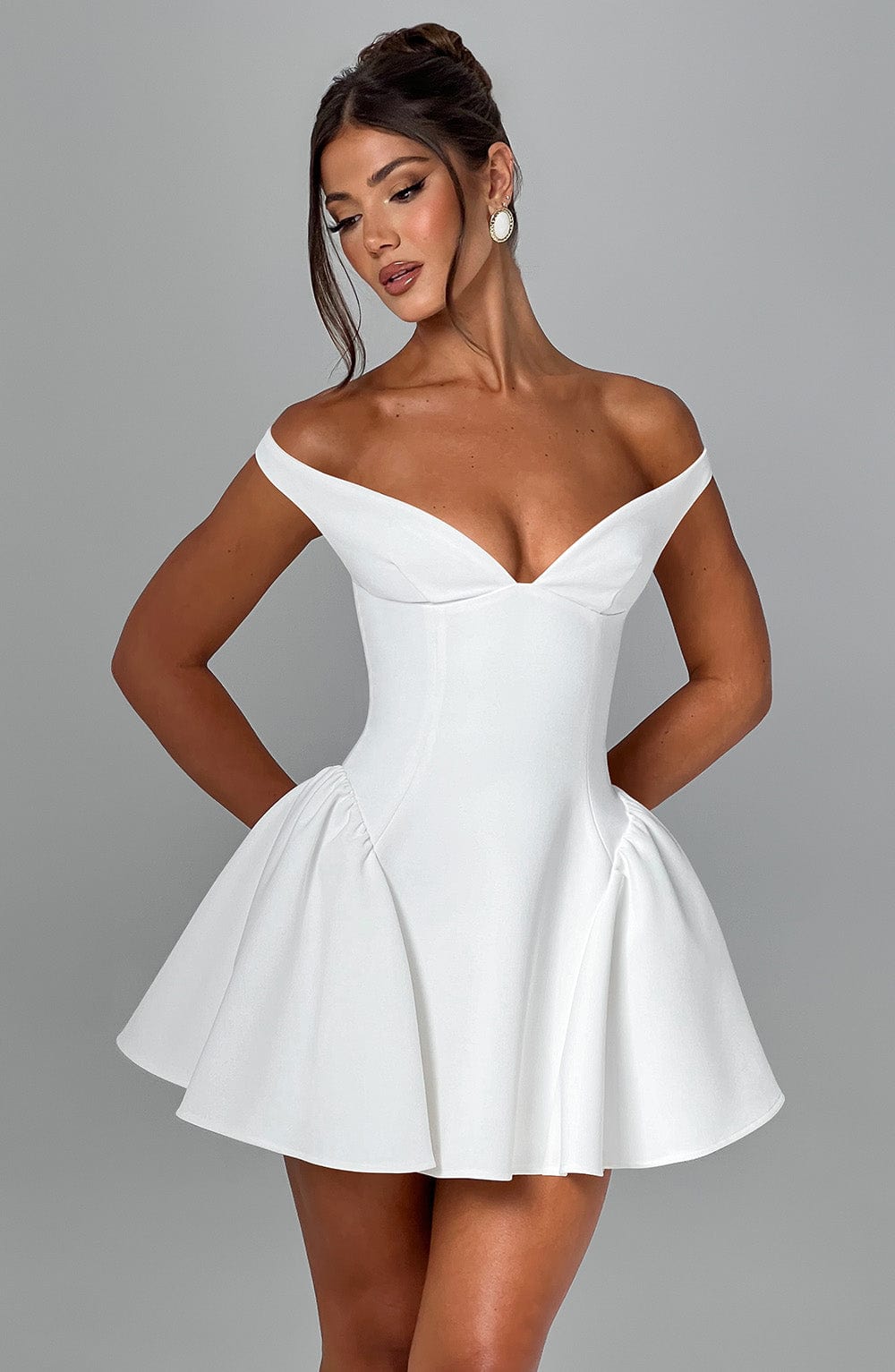 R.F Women's Dress Bardot Mini Ivory Crepe Party