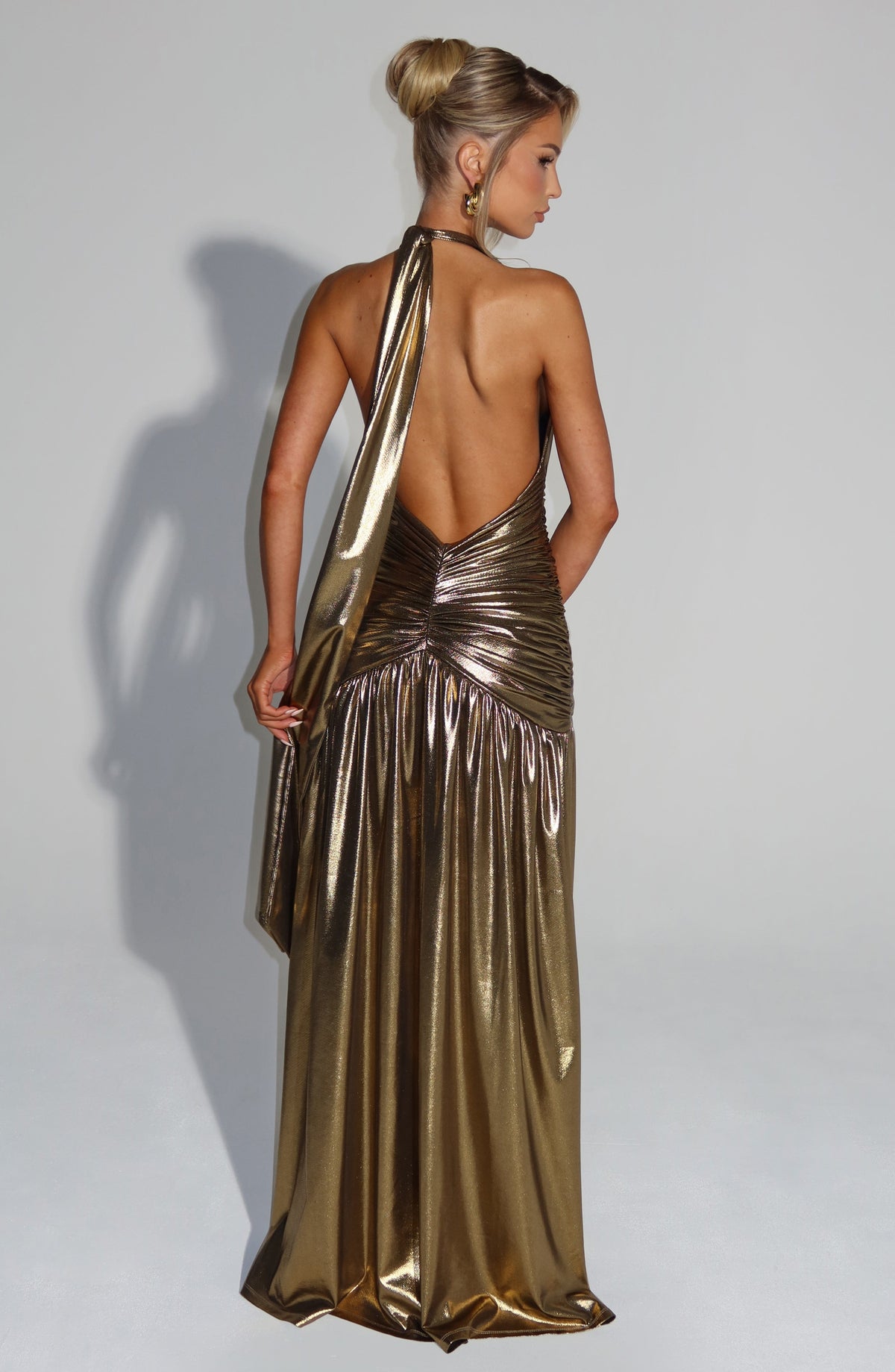 L.F Women's Dress Melania Maxi Gold Metallic Coated Jersey Formal