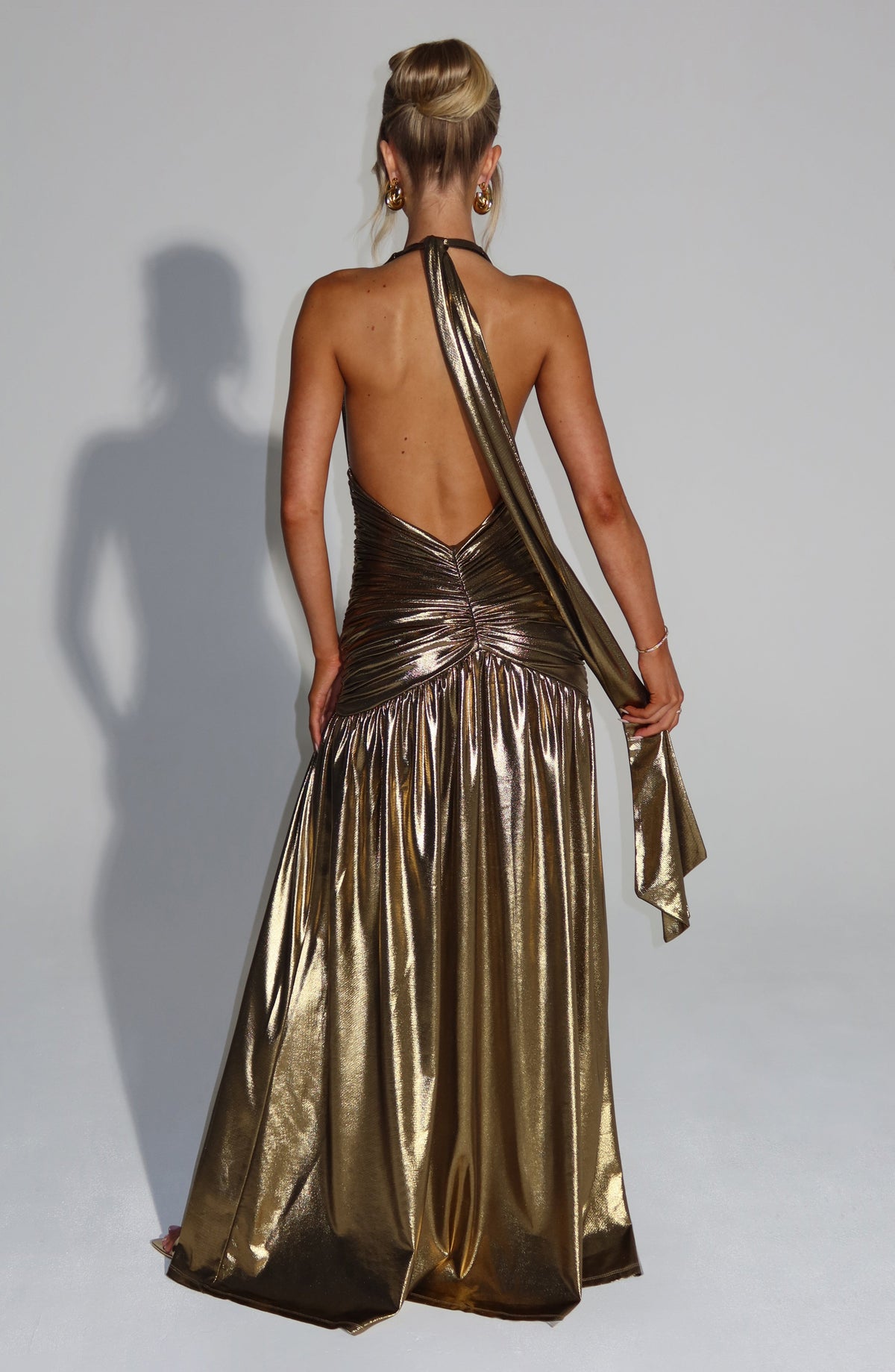 L.F Women's Dress Melania Maxi Gold Metallic Coated Jersey Formal