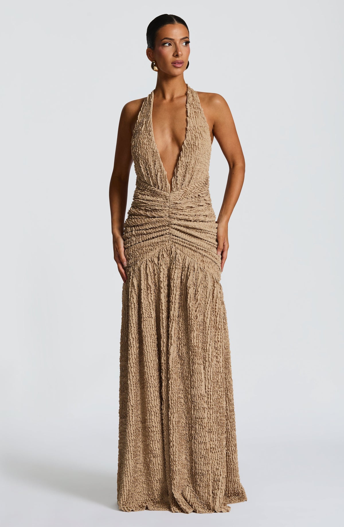 L.F Women's Dress Minerva Maxi Beige Cut-Out Ruched Formal Party