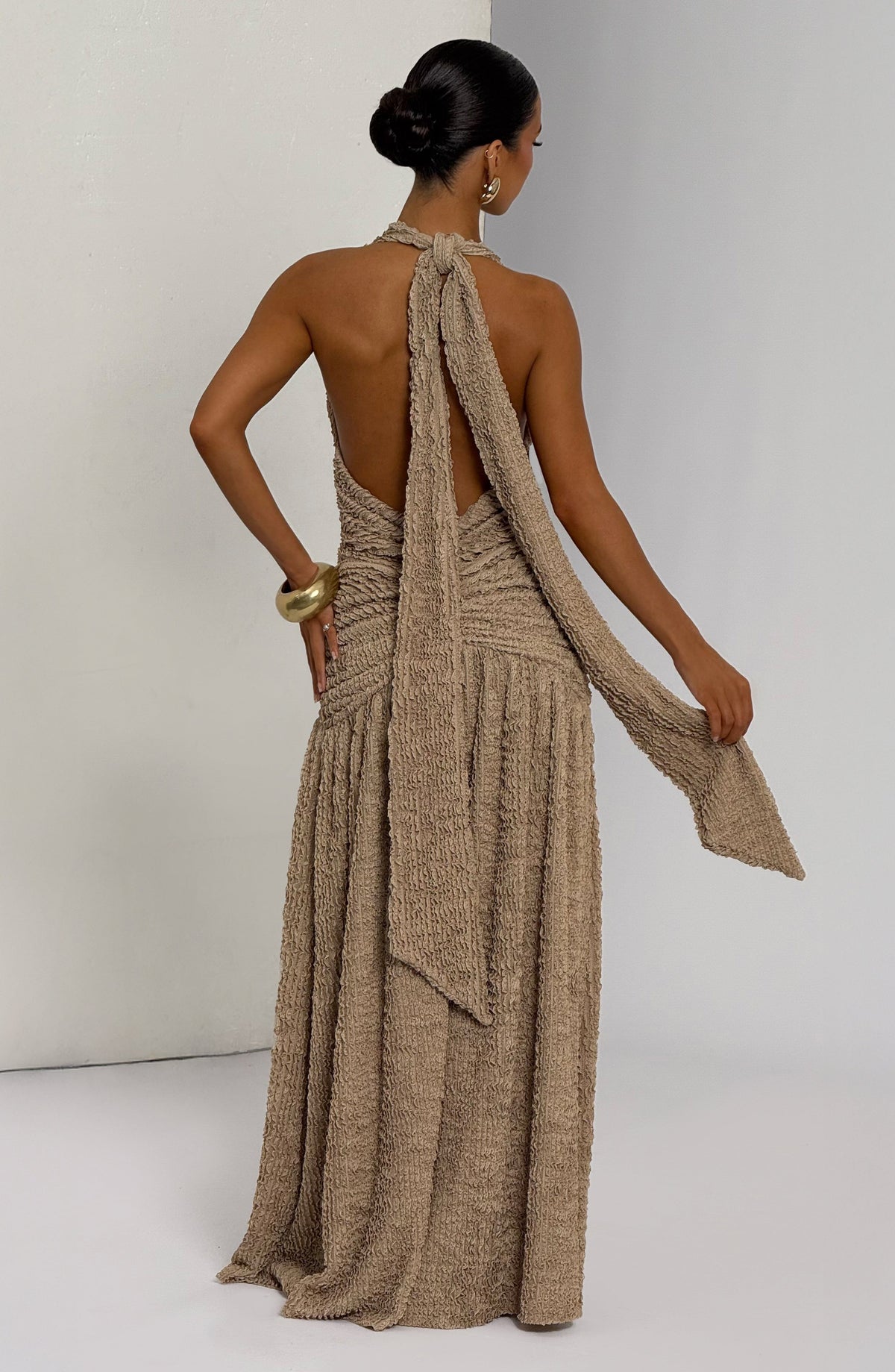 L.F Women's Dress Minerva Maxi Beige Cut-Out Ruched Formal Party