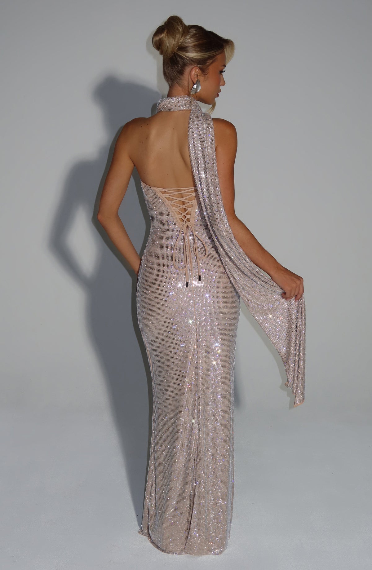 L.F Women's Dress Mirabella Strapless Corset Nude Rhinestone Mesh Evening
