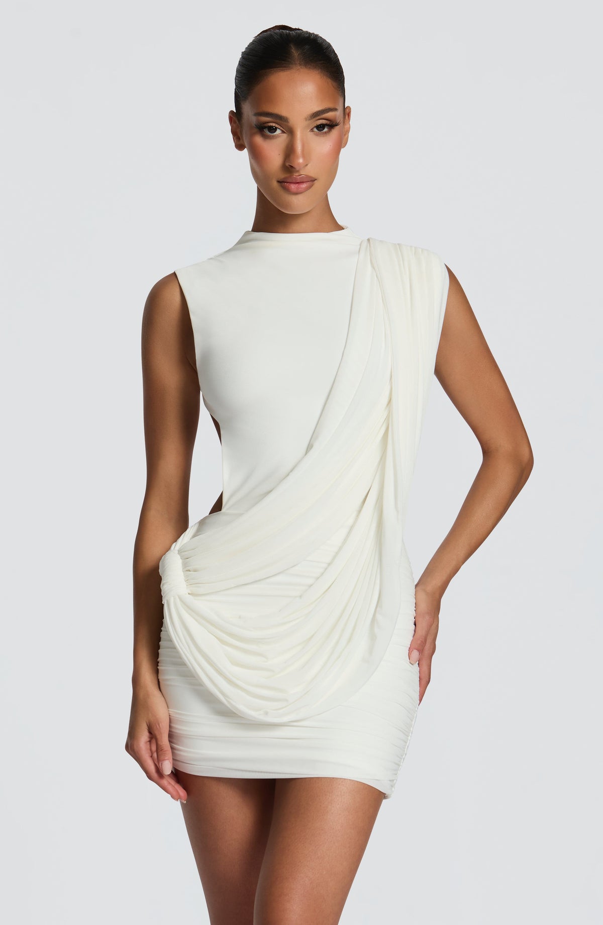 R.F Women's Dress Ruched Mireya Ivory Mesh Party