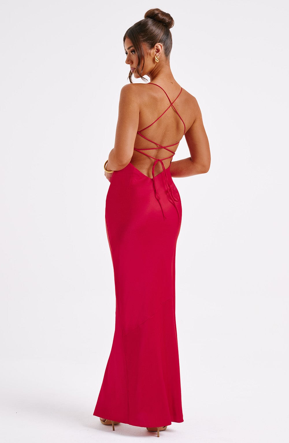 M.T Women's Dress Maxi Red Satin Cut-Out Formal