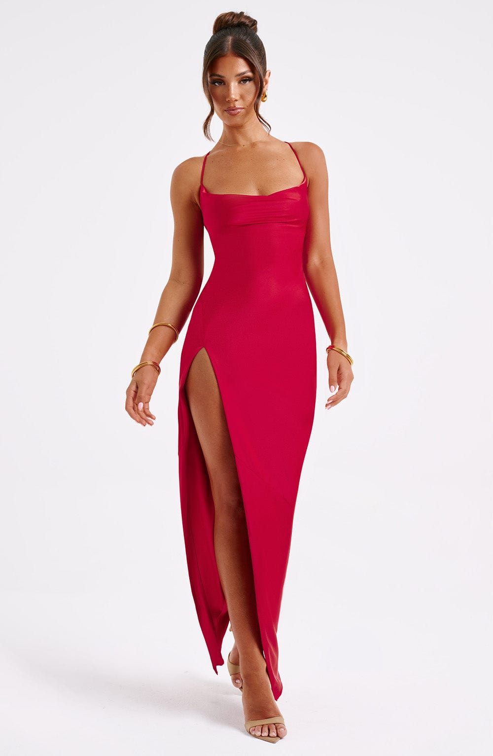 M.T Women's Dress Maxi Red Satin Cut-Out Formal