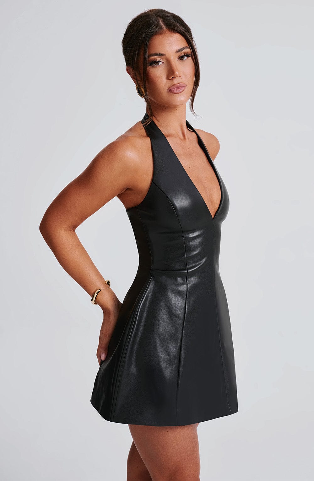 M.T Women's Dress Missy Bubble Hem Black Faux Leather Party