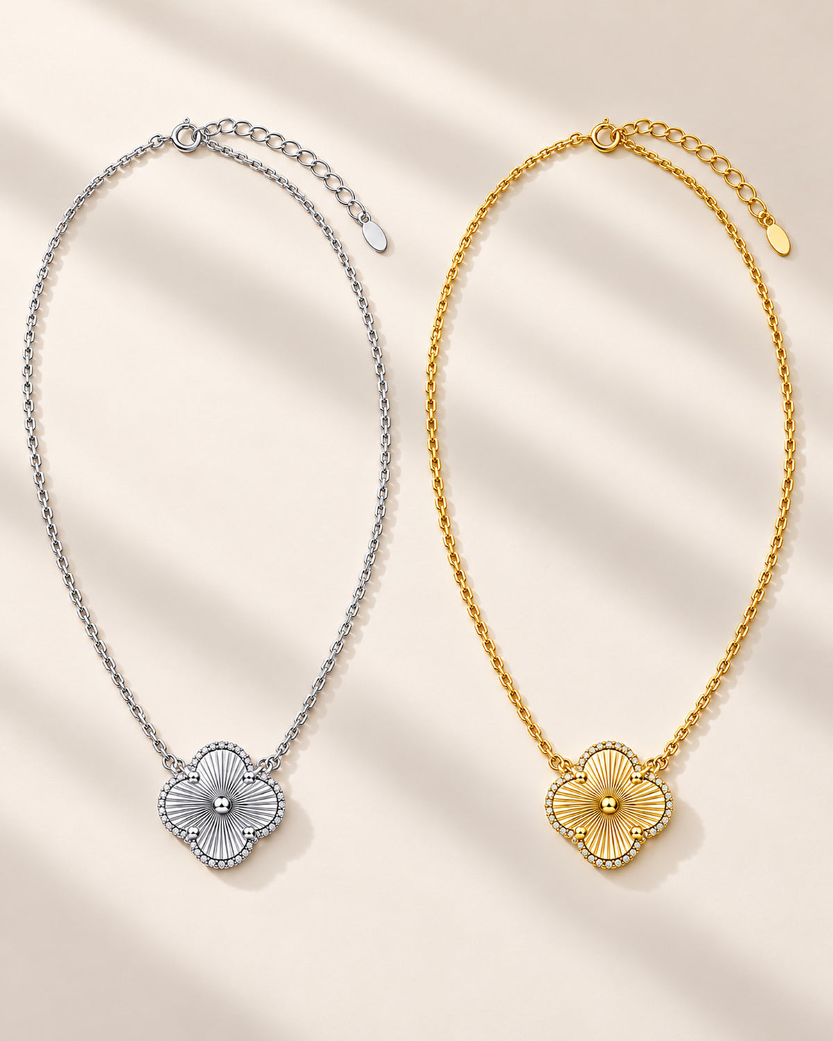 Moissanite four-leaf clover necklace in silver tone and 14K gold tone