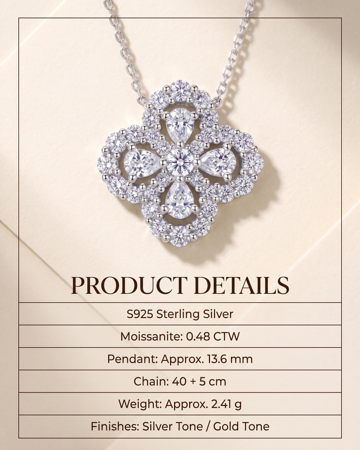 S925 sterling silver moissanite clover necklace specifications
