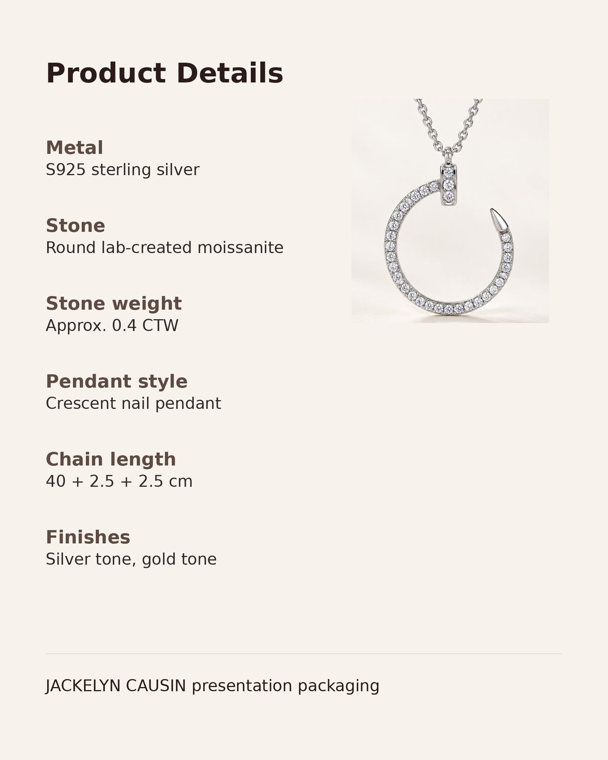Product details for S925 sterling silver moissanite crescent nail pendant necklace