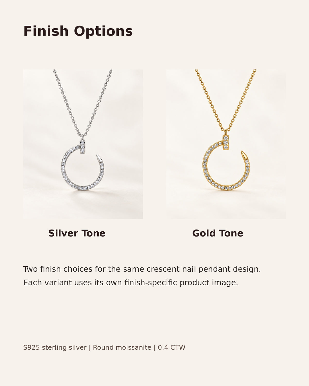 Silver tone and gold tone finish options for moissanite crescent nail pendant necklace