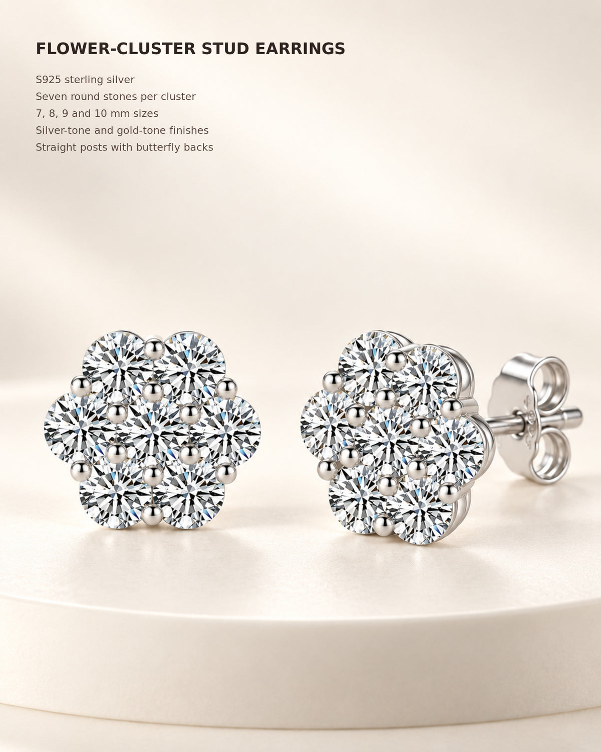 Moissanite flower cluster stud earrings specifications