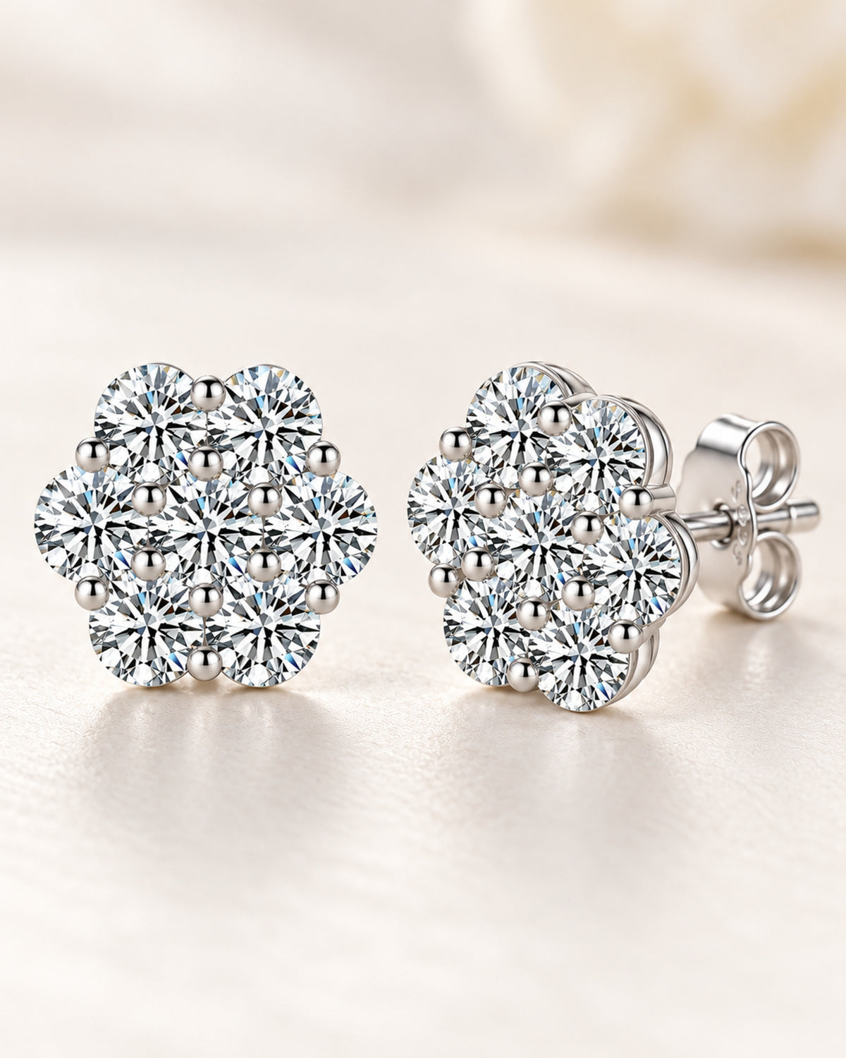 Macro view of seven-stone moissanite flower cluster studs