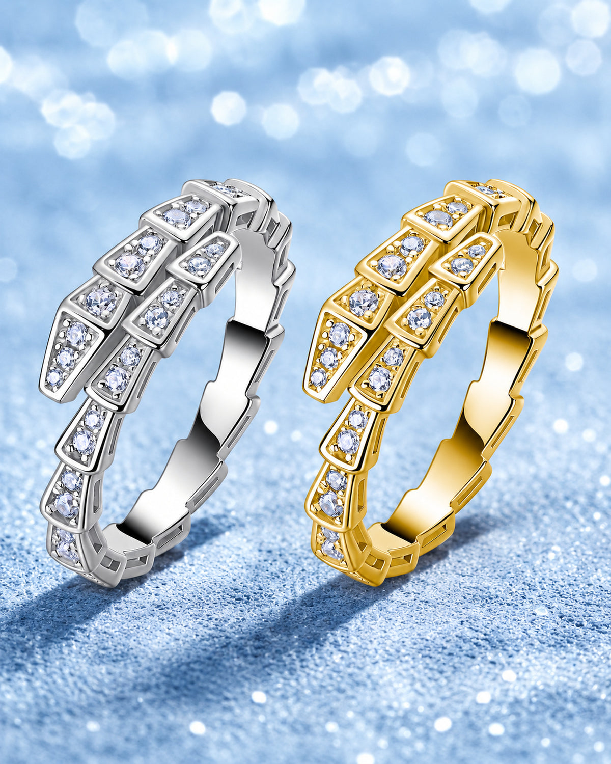 Moissanite snake ring shown in silver tone and 14K gold tone