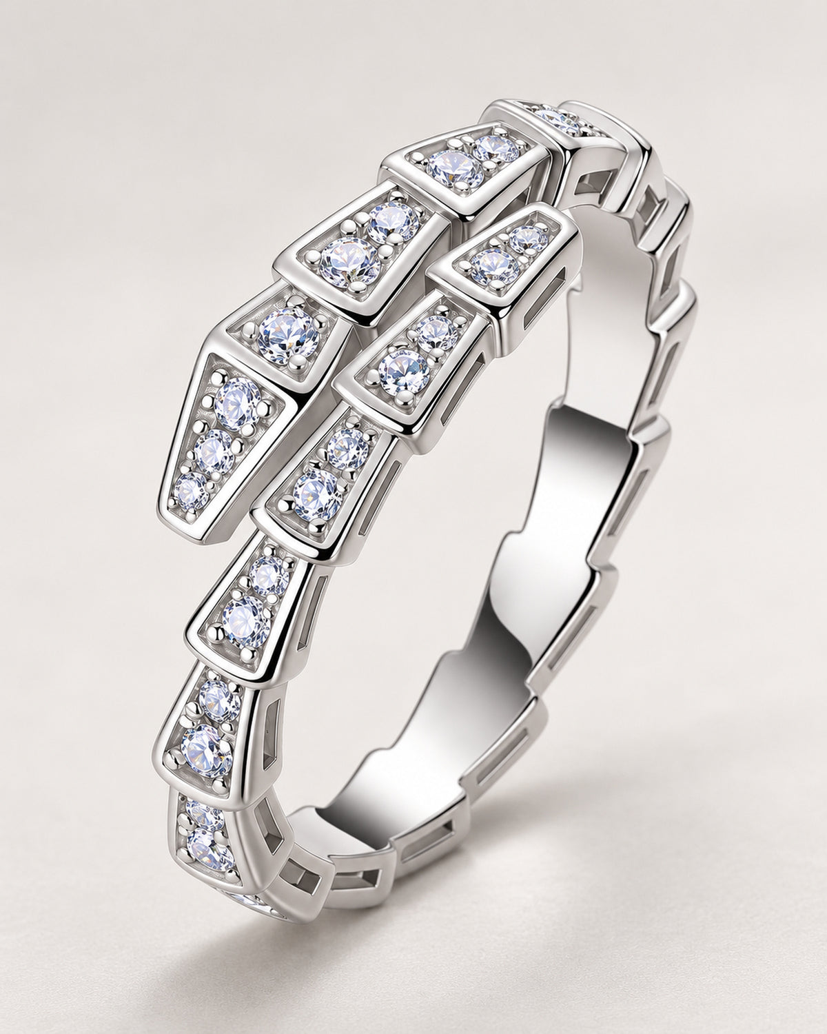 Double-row sterling silver moissanite ring profile view