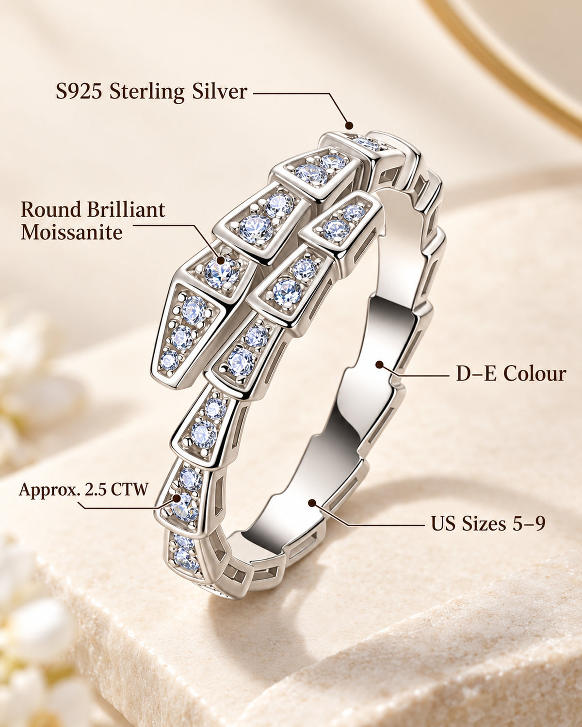 Women's S925 sterling silver moissanite ring specifications