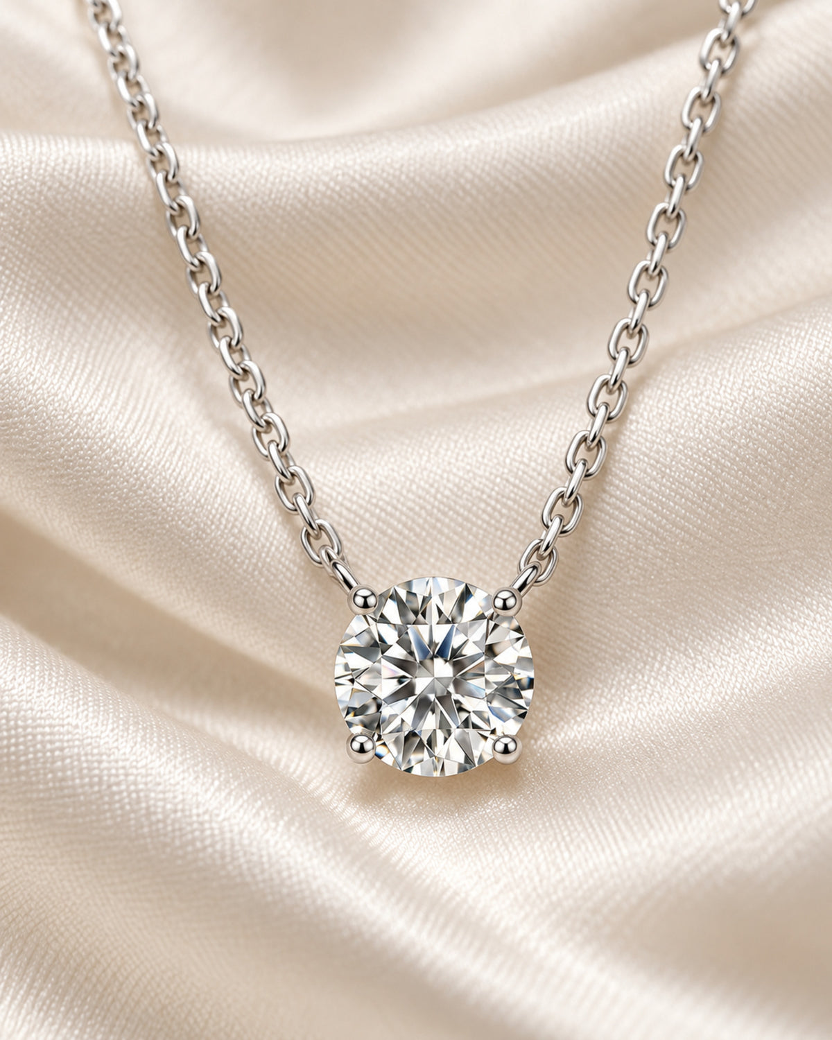 Silver-tone round moissanite solitaire pendant necklace on ivory silk