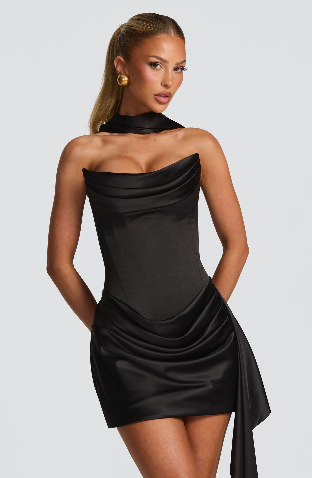 M.T Women's Dress Strapless Cowl Neck Black Satin Party