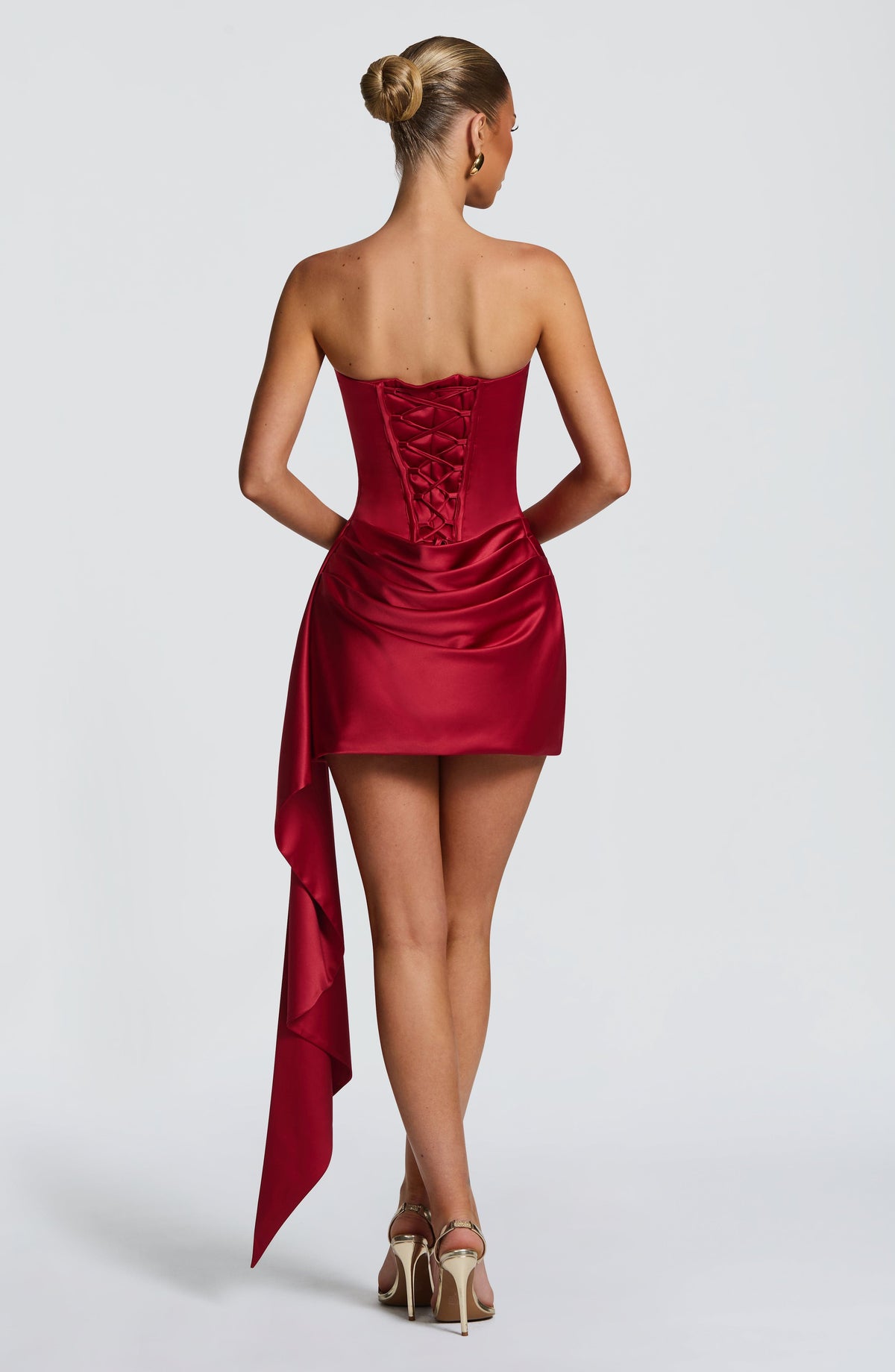 M.T Women's Dress Strapless Cowl Neck Deep Red Satin Party Mini
