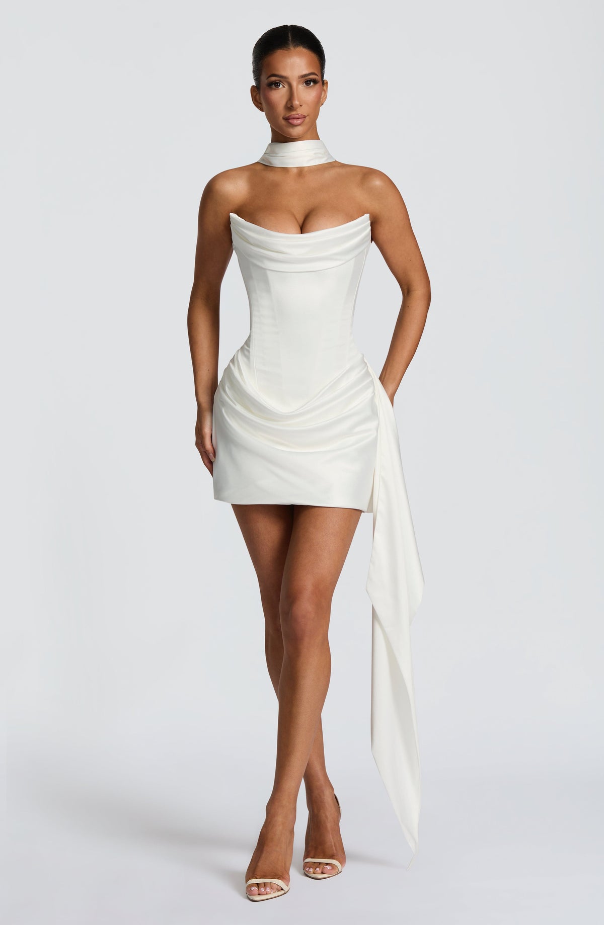 M.T Women's Dress Mona Strapless Cowl Neck Ivory Stretch Satin Bridal Party