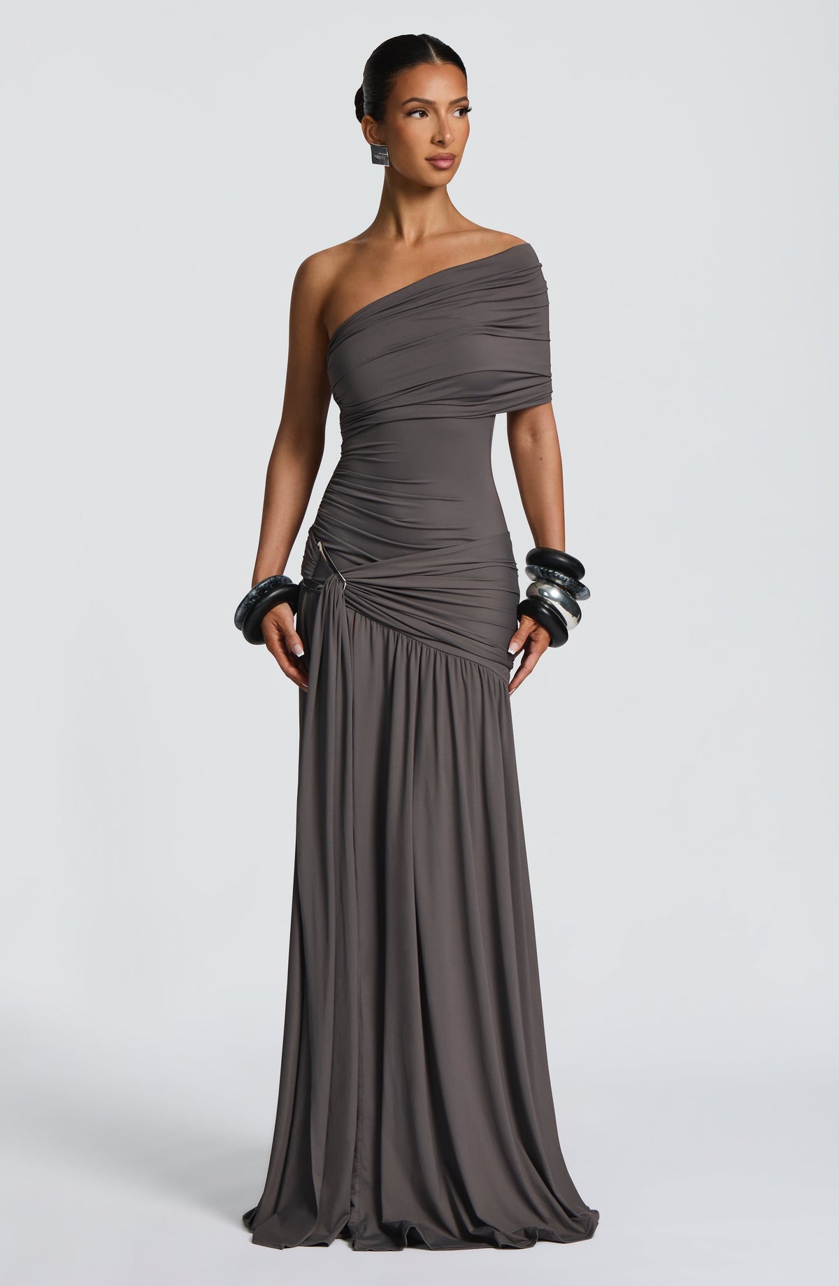 Women's Dress Wrap Maxi Charcoal Slinky Jersey Evening Formal