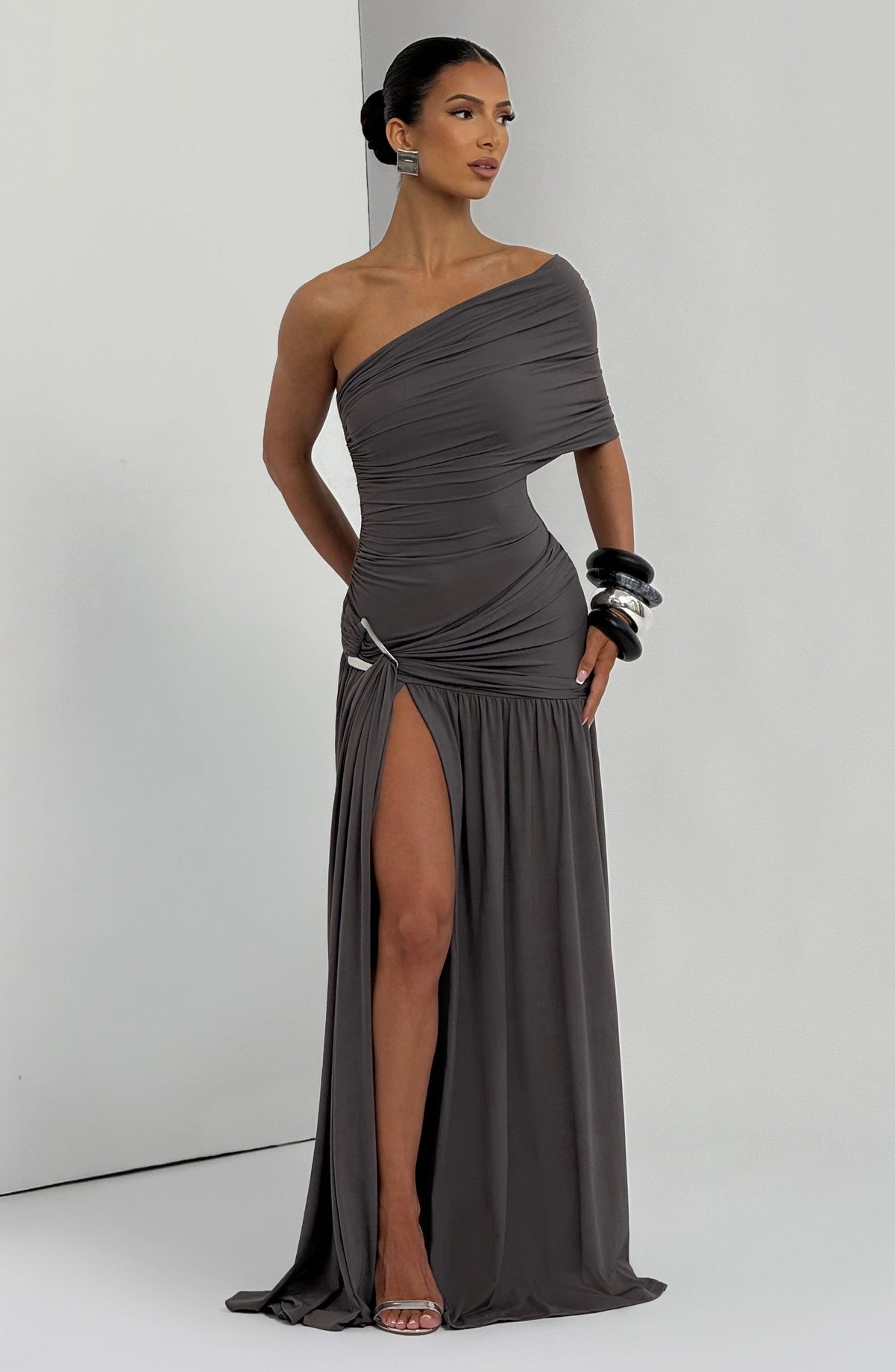 Women's Dress Wrap Maxi Charcoal Slinky Jersey Evening Formal