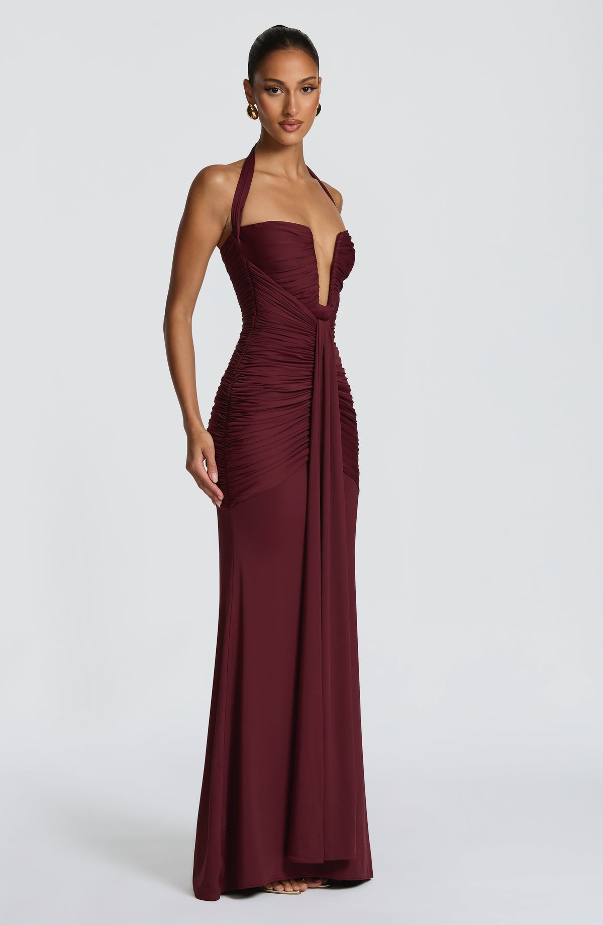 DIA Women's Maxi Dress Plunge Ruched Cherry Lacquer Slinky Jersey Evening