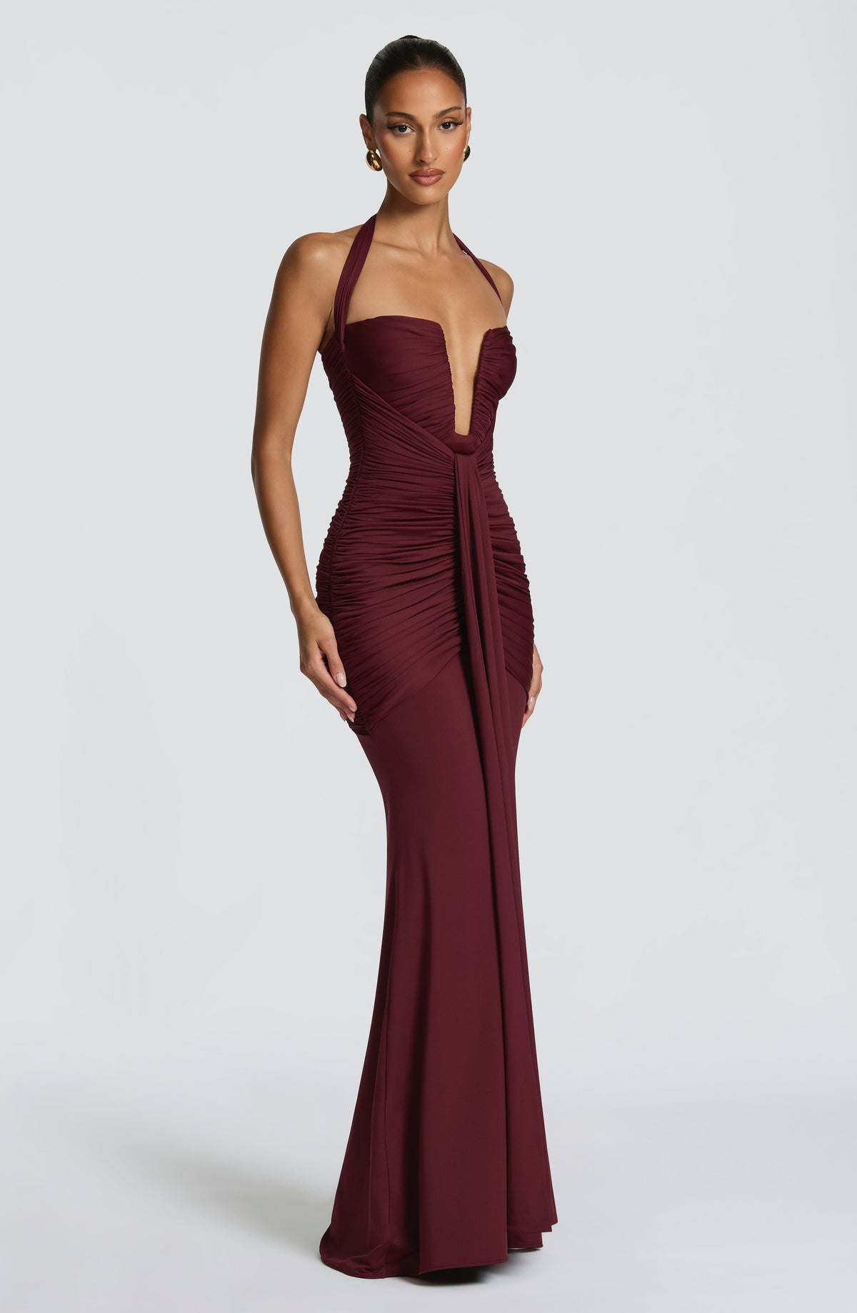 DIA Women's Maxi Dress Plunge Ruched Cherry Lacquer Slinky Jersey Evening