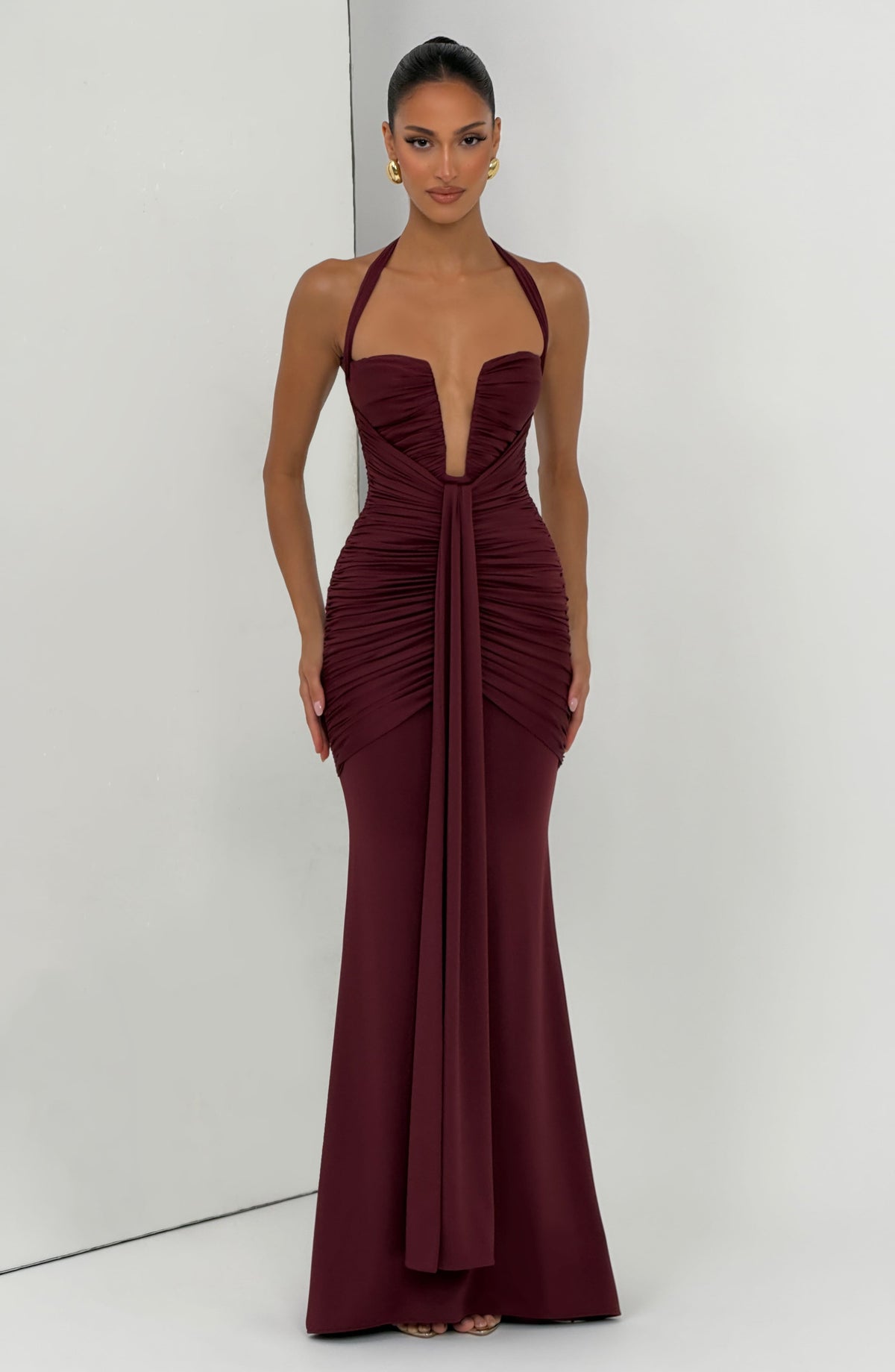 DIA Women's Maxi Dress Plunge Ruched Cherry Lacquer Slinky Jersey Evening
