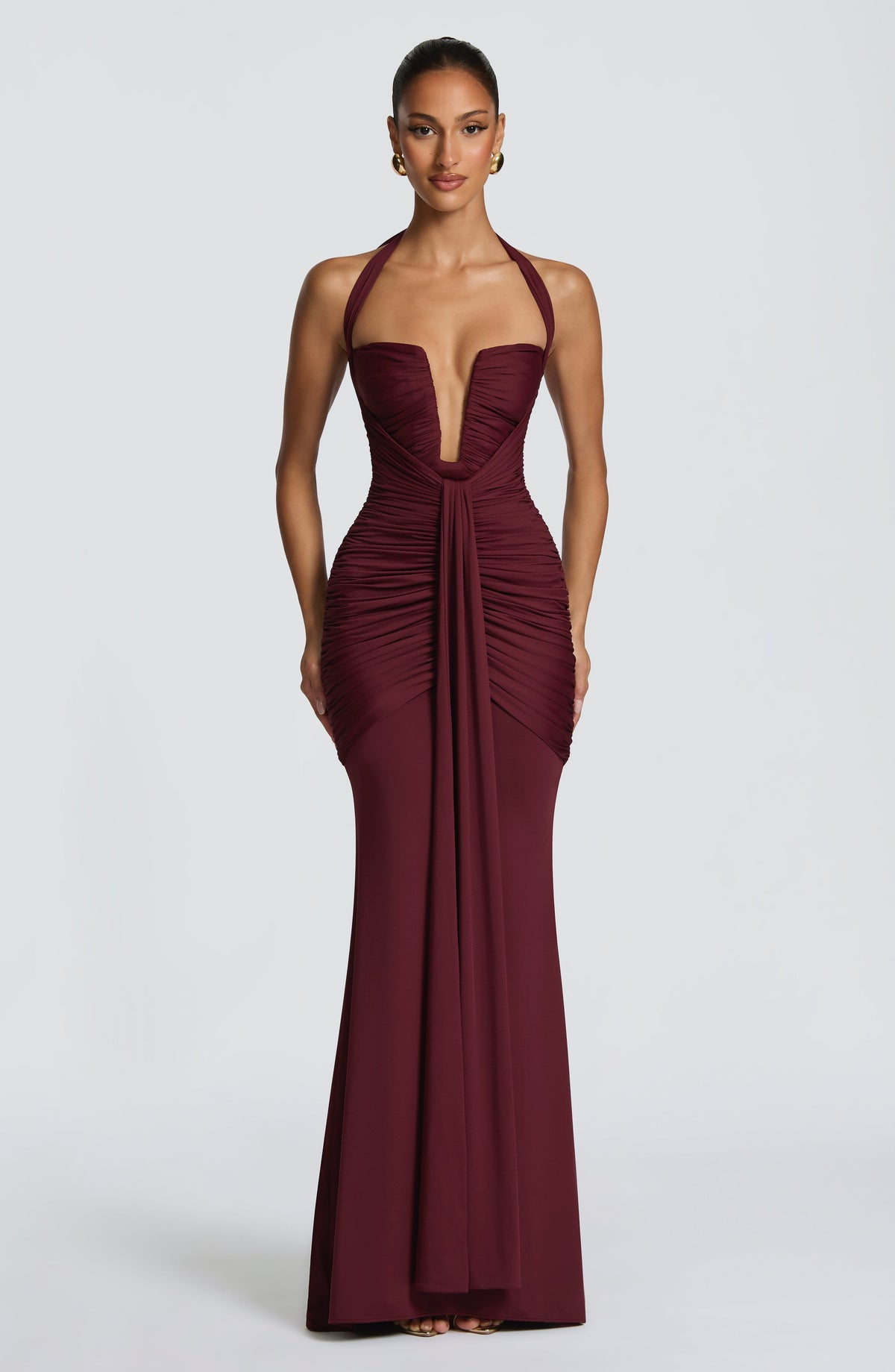 DIA Women's Maxi Dress Plunge Ruched Cherry Lacquer Slinky Jersey Evening