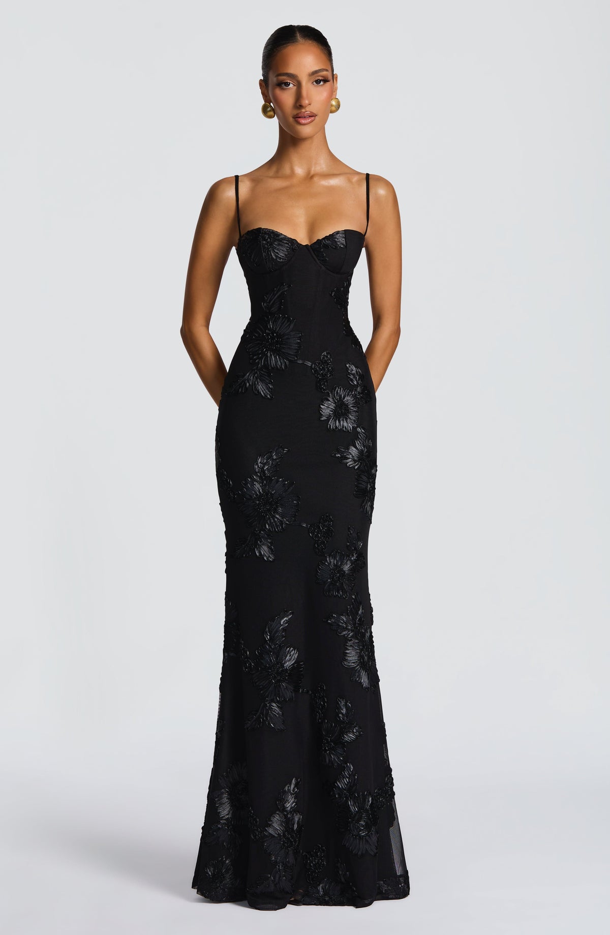 Nefertiti Women's Dress Maxi Corset Black Floral Mesh Formal