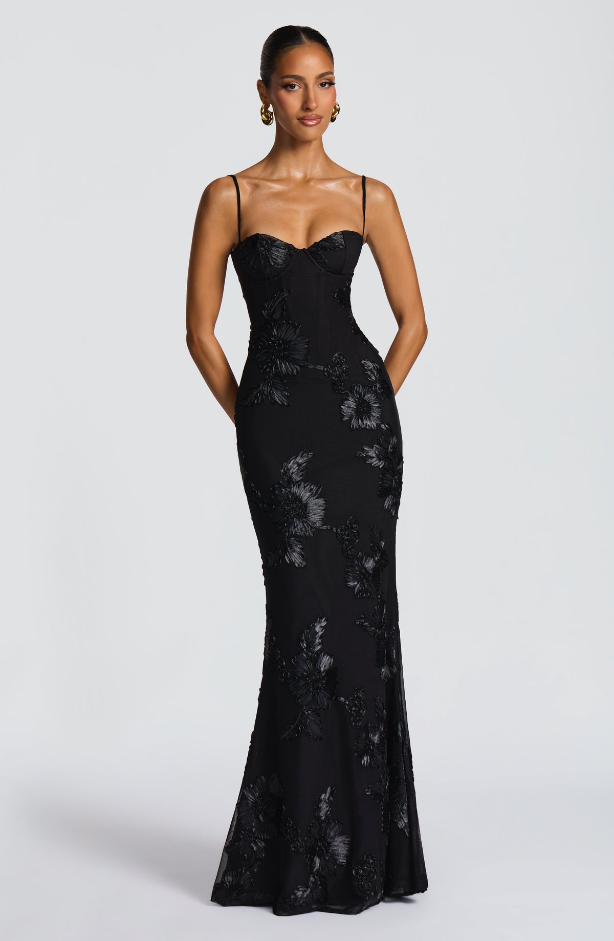 Nefertiti Women's Dress Maxi Corset Black Floral Mesh Formal