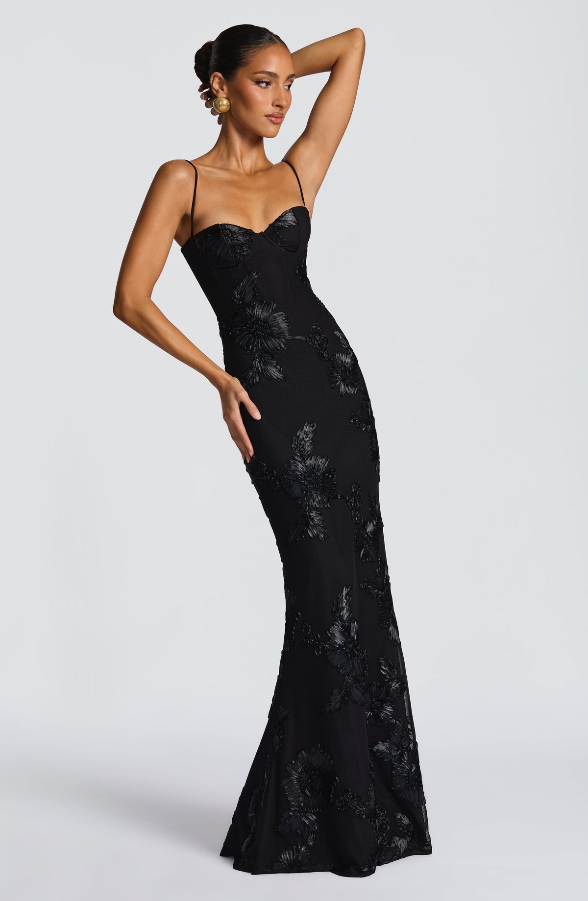 Nefertiti Women's Dress Maxi Corset Black Floral Mesh Formal