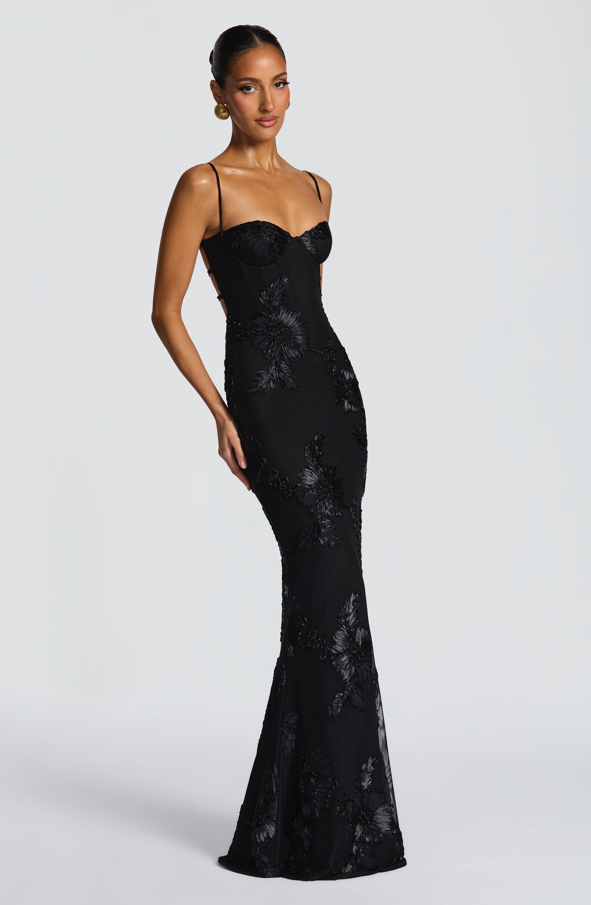 Nefertiti Women's Dress Maxi Corset Black Floral Mesh Formal