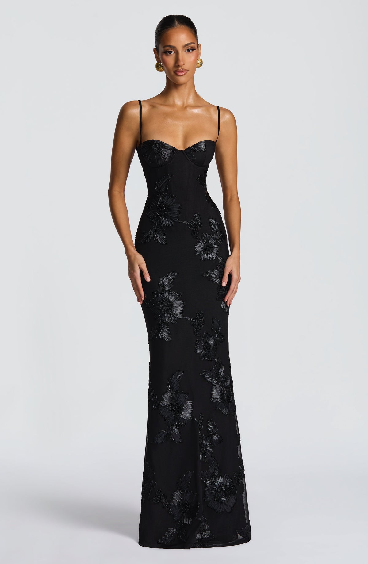 Nefertiti Women's Dress Maxi Corset Black Floral Mesh Formal