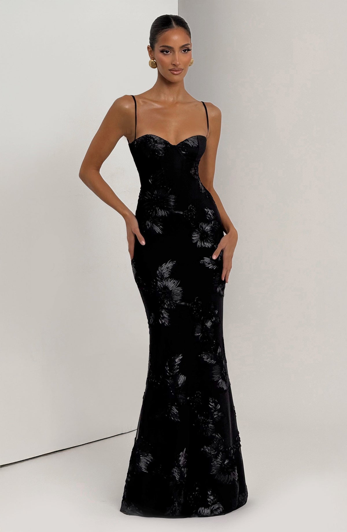 Nefertiti Women's Dress Maxi Corset Black Floral Mesh Formal