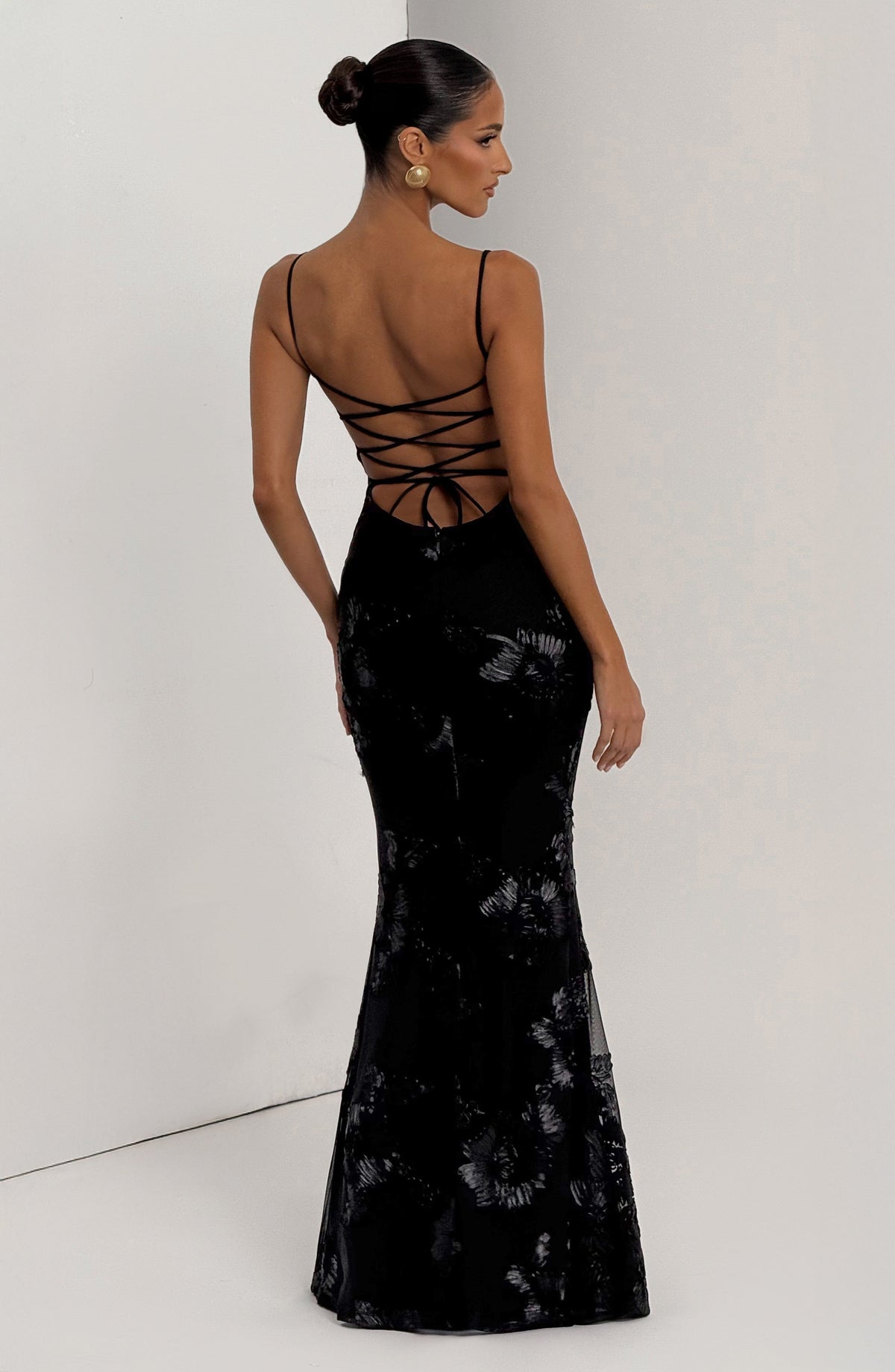 Nefertiti Women's Dress Maxi Corset Black Floral Mesh Formal